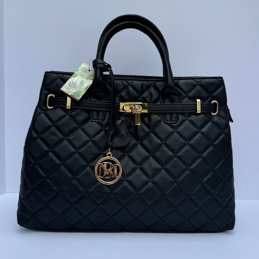 Badgley Mischka Black Quilted Satchel with Gold Hardware